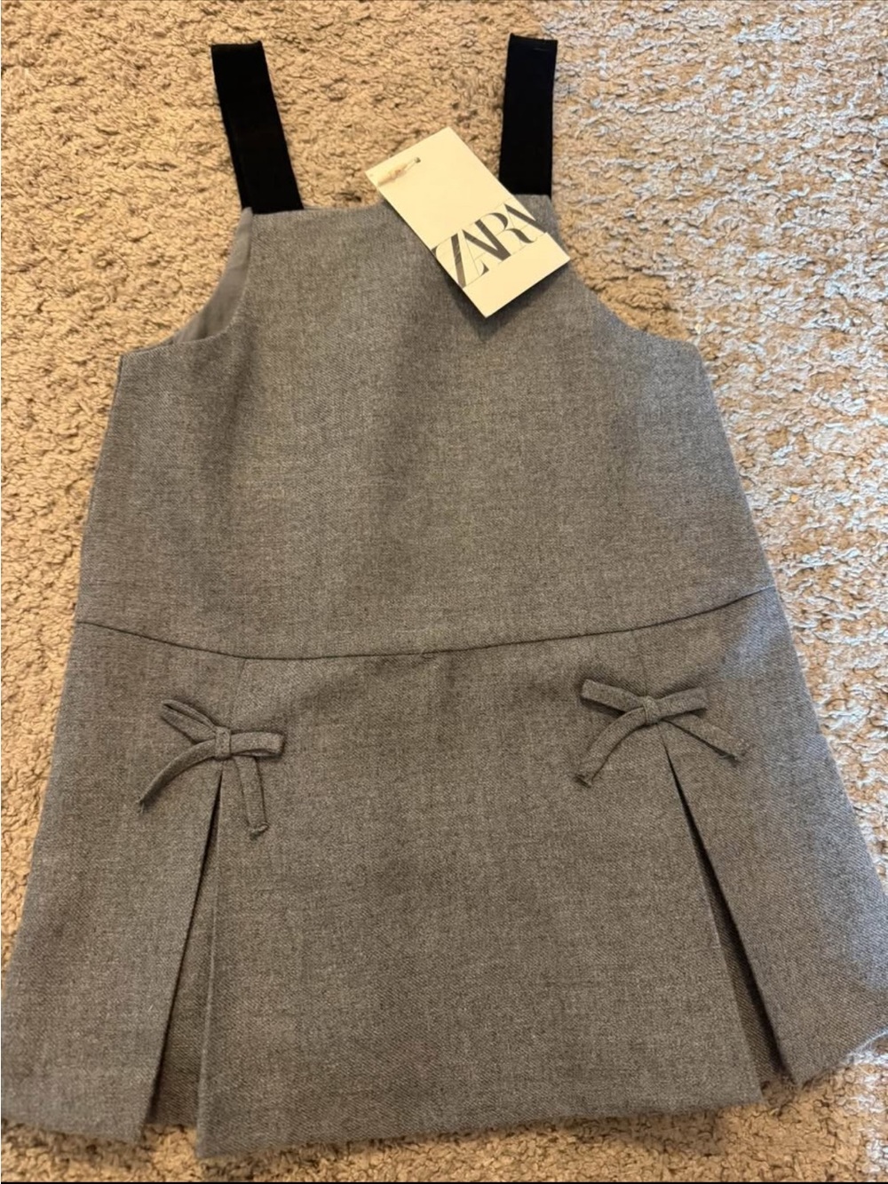 ZARA Gray Pinafore Dress with Black Straps and Bow Accents